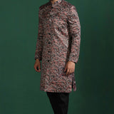 Dark Maroon Cotton Blend Printed Sherwani Set