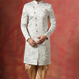 Ceramic White And Cream Cotton Blend Printed Sherwani Set