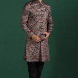 Dark Maroon Cotton Blend Printed Sherwani Set