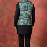 Jute Black Cotton Blend Kurta Set With Embroidered Nehru Jacket