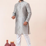 Silver Grey Printed Dupion Silk Kurta Set
