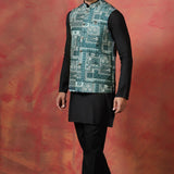 Jute Black Cotton Blend Kurta Set With Embroidered Nehru Jacket