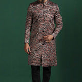 Dark Maroon Cotton Blend Printed Sherwani Set