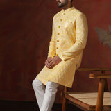 Light Yellow Cotton Blend Printed Sherwani Set