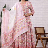 Pink Floral Hand Block Printed Cotton Kurta Set With Dupatta