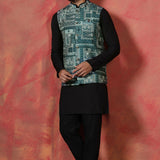 Jute Black Cotton Blend Kurta Set With Embroidered Nehru Jacket