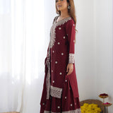 Dark Maroon Floral Embroidered Silk Sharara Set