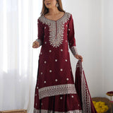 Dark Maroon Floral Embroidered Silk Sharara Set