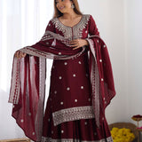 Dark Maroon Floral Embroidered Silk Sharara Set