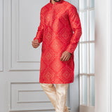 Bright Red Printed Bandhani Dupion Silk Kurta Set