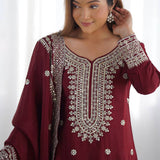 Dark Maroon Floral Embroidered Silk Sharara Set