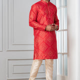 Bright Red Printed Bandhani Dupion Silk Kurta Set