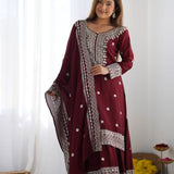 Dark Maroon Floral Embroidered Silk Sharara Set