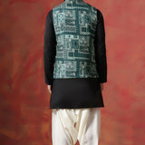 Solid Black Cotton Blend Kurta Set With Nehru Jacket