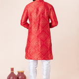 Bright Red Bandhani Printed Dupion Silk Kurta Set