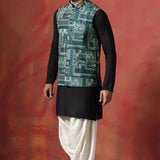 Solid Black Cotton Blend Kurta Set With Nehru Jacket
