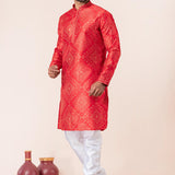 Bright Red Bandhani Printed Dupion Silk Kurta Set