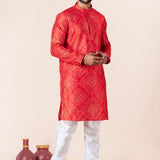 Bright Red Bandhani Printed Dupion Silk Kurta Set