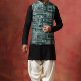 Solid Black Cotton Blend Kurta Set With Nehru Jacket