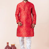 Bright Red Bandhani Printed Dupion Silk Kurta Set