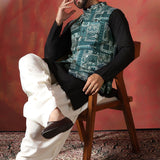 Solid Black Cotton Blend Kurta Set With Nehru Jacket