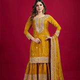 Mustard Yellow Embroidered Silk Floral Sharara Set