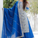 Grey And Blue Floral Printed Cotton Palazzo And Kurta Set