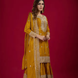 Mustard Yellow Embroidered Silk Floral Sharara Set