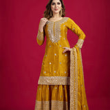 Mustard Yellow Embroidered Silk Floral Sharara Set