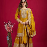 Mustard Yellow Embroidered Silk Floral Sharara Set