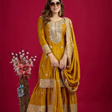 Mustard Yellow Embroidered Silk Floral Sharara Set