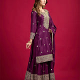 Dark Purple Embroidered Silk Floral Sharara Set