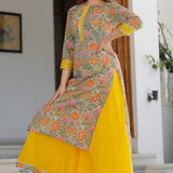 Green Cotton Floral Printed Kurta Set With Yellow Palazzo And Dupatta