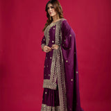 Dark Purple Embroidered Silk Floral Sharara Set