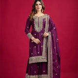 Dark Purple Embroidered Silk Floral Sharara Set