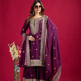 Dark Purple Embroidered Silk Floral Sharara Set