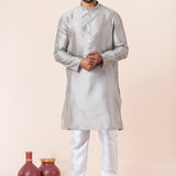 Silver Grey Solid Dupion Silk Kurta Set