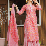 Pink Cotton Floral Printed Kurta And Palazzo Set