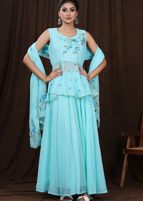 <img> Light Blue Hand Painted Floral Georgette Lehenga Set