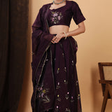 Dark Wine Hand Painted Floral Chanderi Lehenga Set