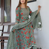 Green Cotton Floral Printed Kurta Set