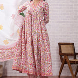 Pink Floral Hand Block Printed Cotton Kurta Set With Dupatta