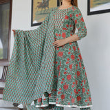 Green Cotton Floral Printed Kurta Set