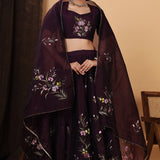 Dark Wine Hand Painted Floral Chanderi Lehenga Set