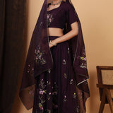 Dark Wine Hand Painted Floral Chanderi Lehenga Set