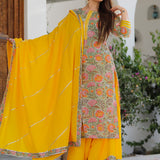 Green Cotton Floral Printed Kurta Set With Yellow Palazzo And Dupatta
