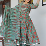 Green Cotton Floral Printed Kurta Set
