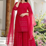 Red Rayon Kurti Set With Chikankari Work