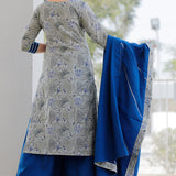 Grey And Blue Floral Printed Cotton Palazzo And Kurta Set