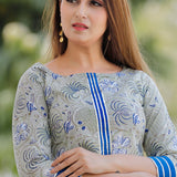 Grey And Blue Floral Printed Cotton Palazzo And Kurta Set